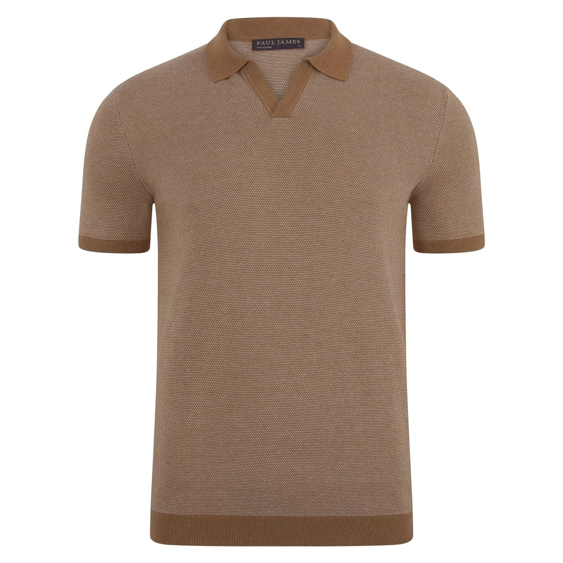 Tan textured short sleeve knit polo shirt