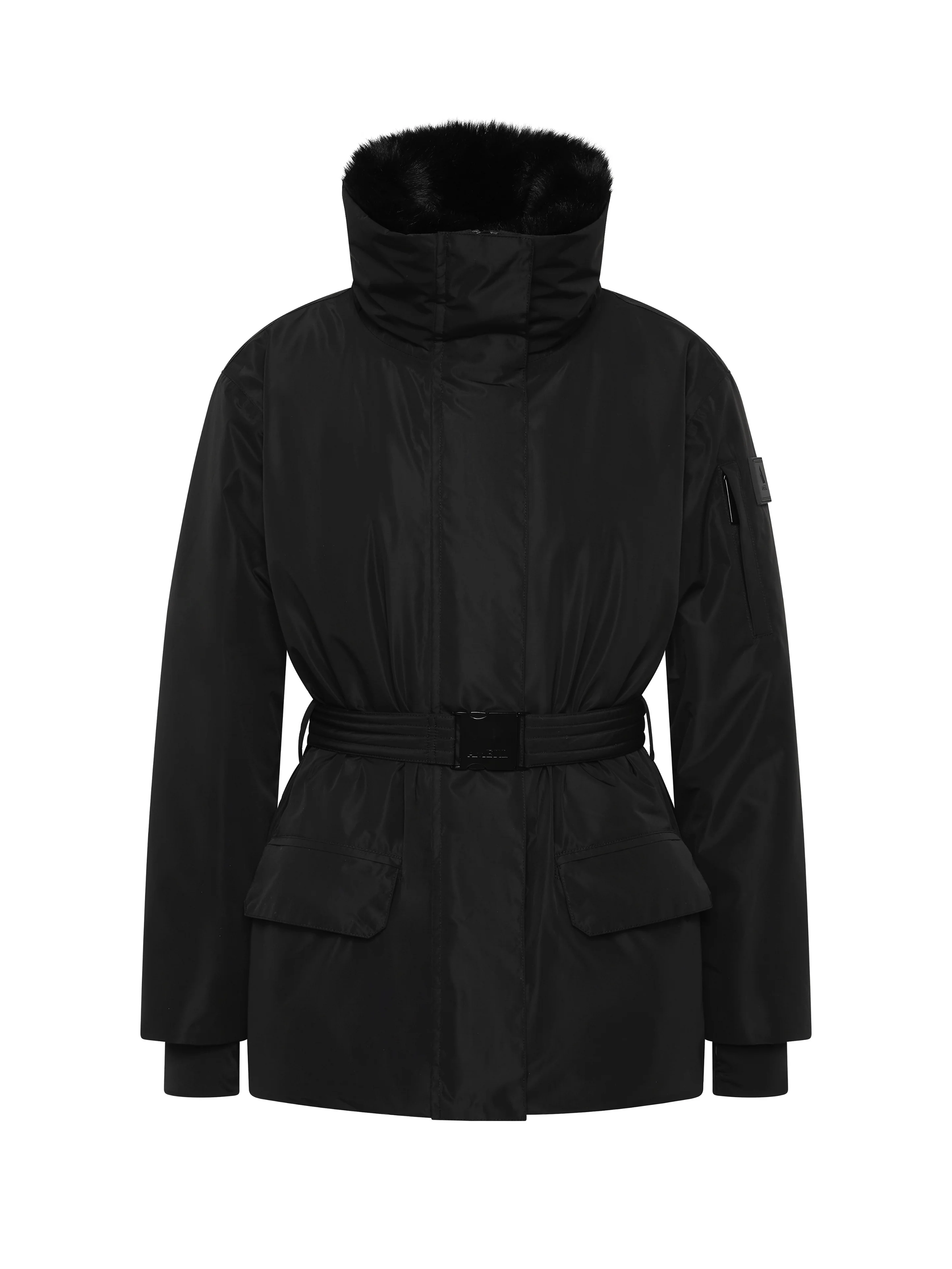 Black belted performance jacket with high collar and sleeve pocket