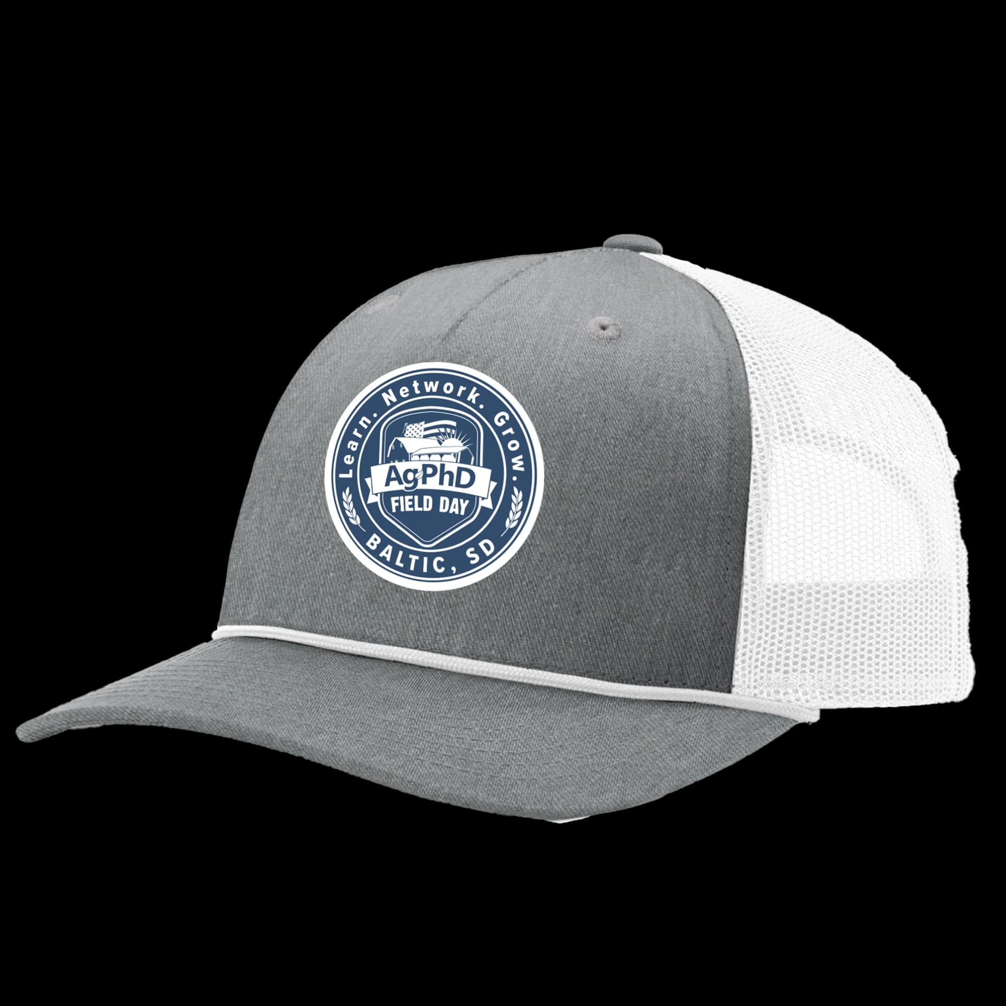 Gray and white mesh trucker cap with field day patch