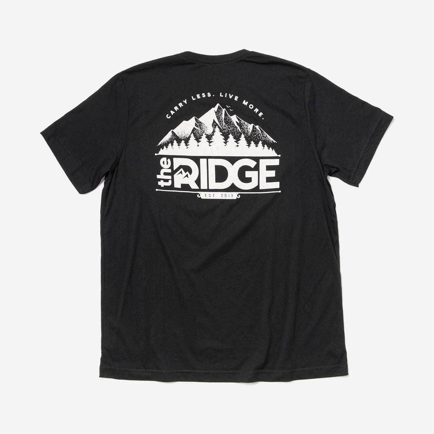 Black graphic t-shirt with white mountain artwork on the back