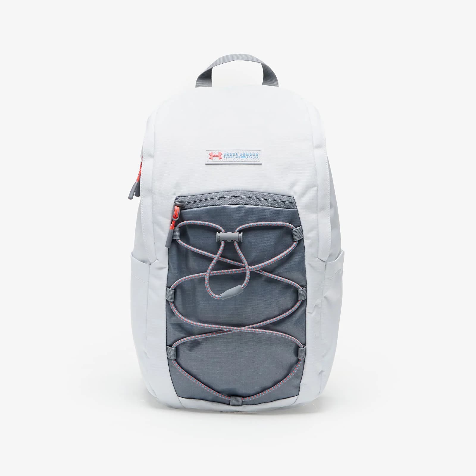 White and gray trail backpack with front bungee cord